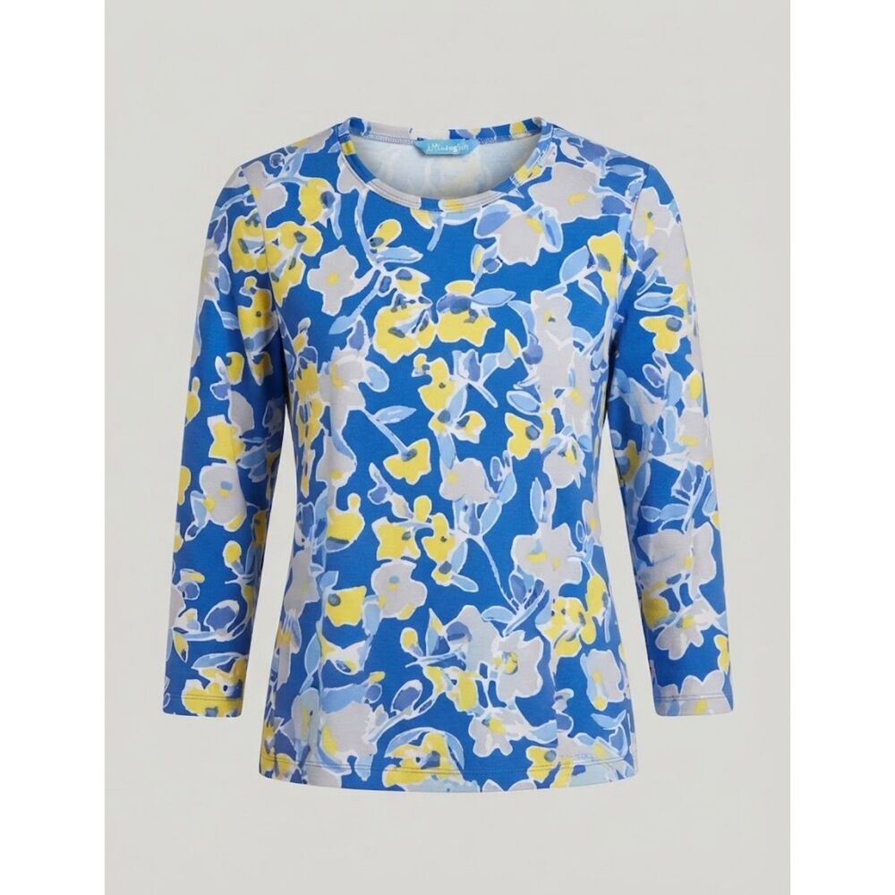 J.McLaughlin Blue Yellow Floral 3/4 Sleeve Crewneck Tee Top Size Small